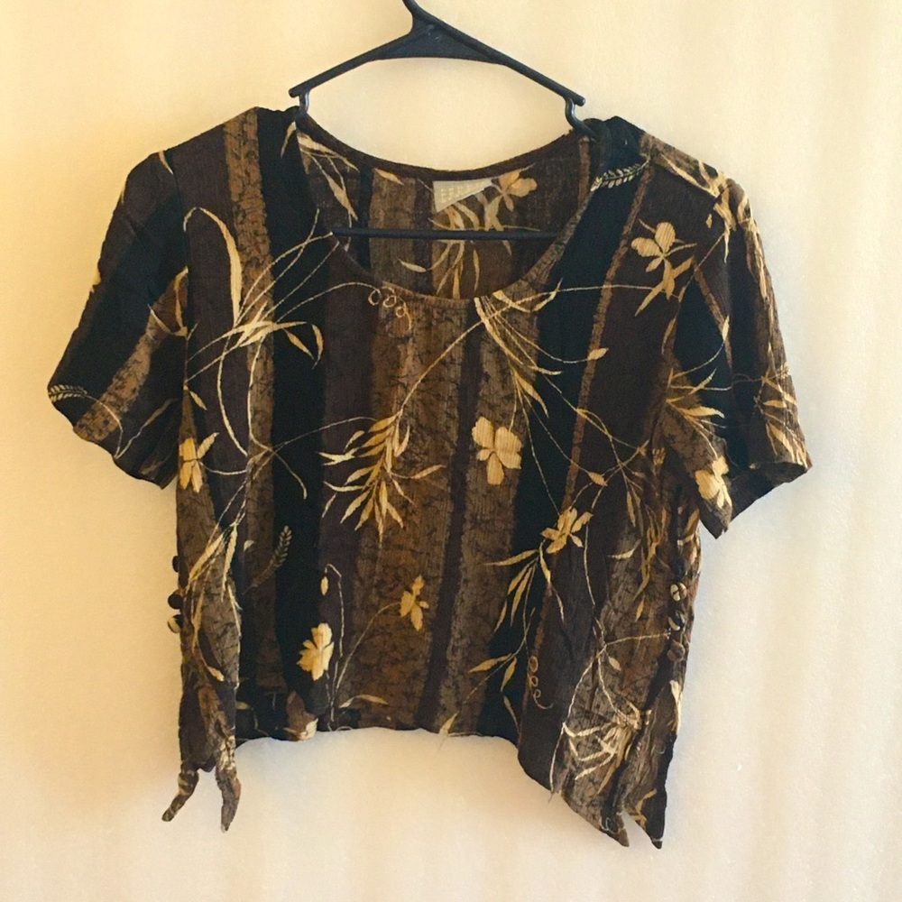 Rabbit Rabbit Rabbit Design -Size 8M- Short Sleeve Blouse-Brown Floral-Leaves~US